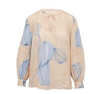 Lafayette 148 Eliza Dune & Light Blue Leaf Print Peasant Blouse | Size XS
